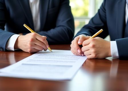 Two professionals discussing over a table with a fountain pen and documents