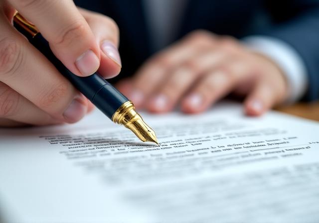 A legal professional reviewing complex document terms with a gold pen.
